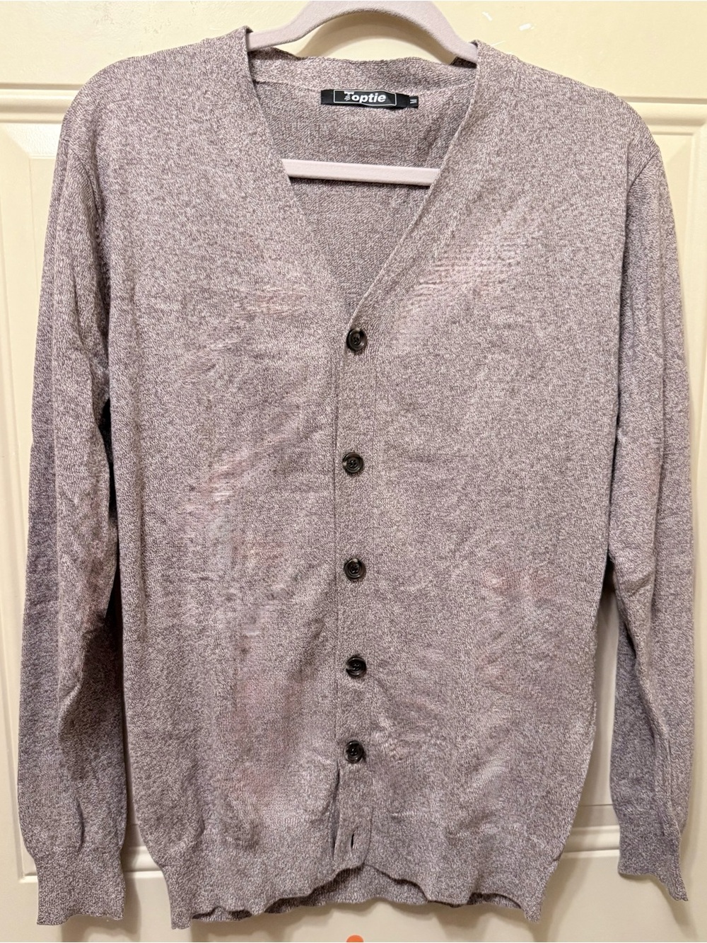 Toptie Men's V-Neck Button Cotton Knit Cardigan Sweater in Brown and Cream SZ M